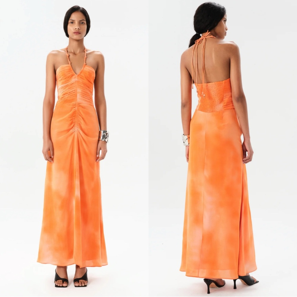 Maria Cher Alagon Toribia Tangerine Silk Ruched Maxi Dress XS